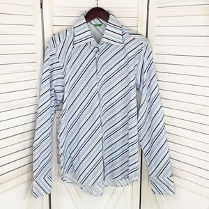 United Colors of Benetton Striped Dress Shirt Blue White Large Button Front